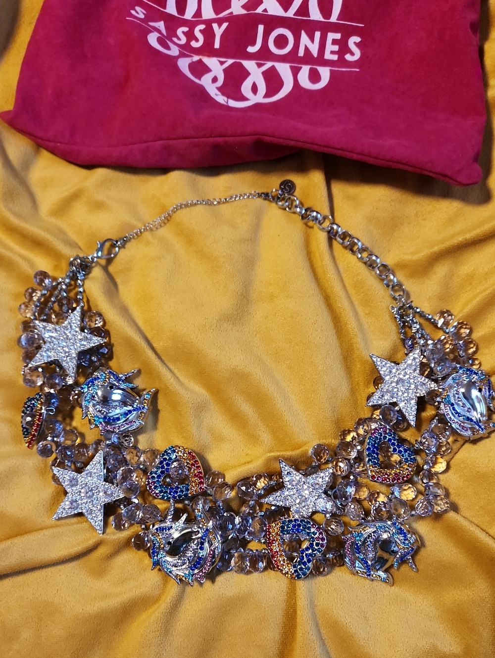 Sassy Jones Silver Multicolor Crystal Star, Unicorn & Heart Necklace